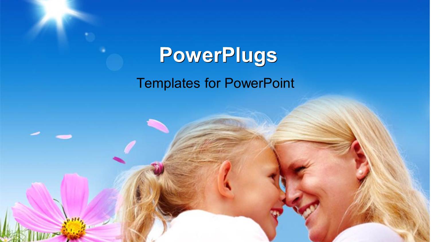 Happy Mother and Daughter in Green Flower Field Over Blue Sky