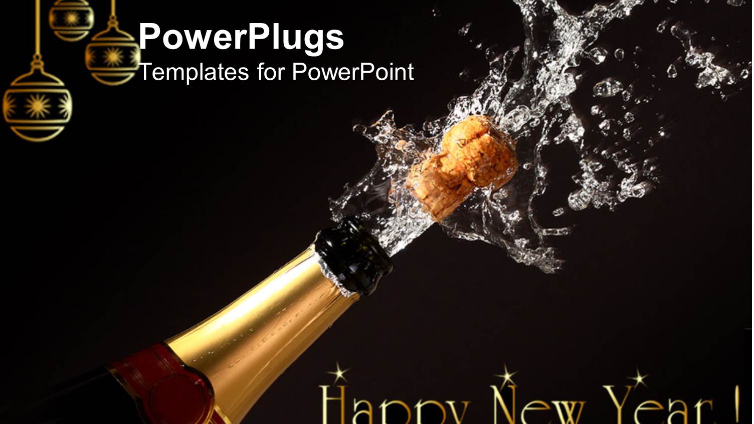 Happy New Year Theme with Champagne Bottle Opening, Gold Christmas Ornaments, Black Background