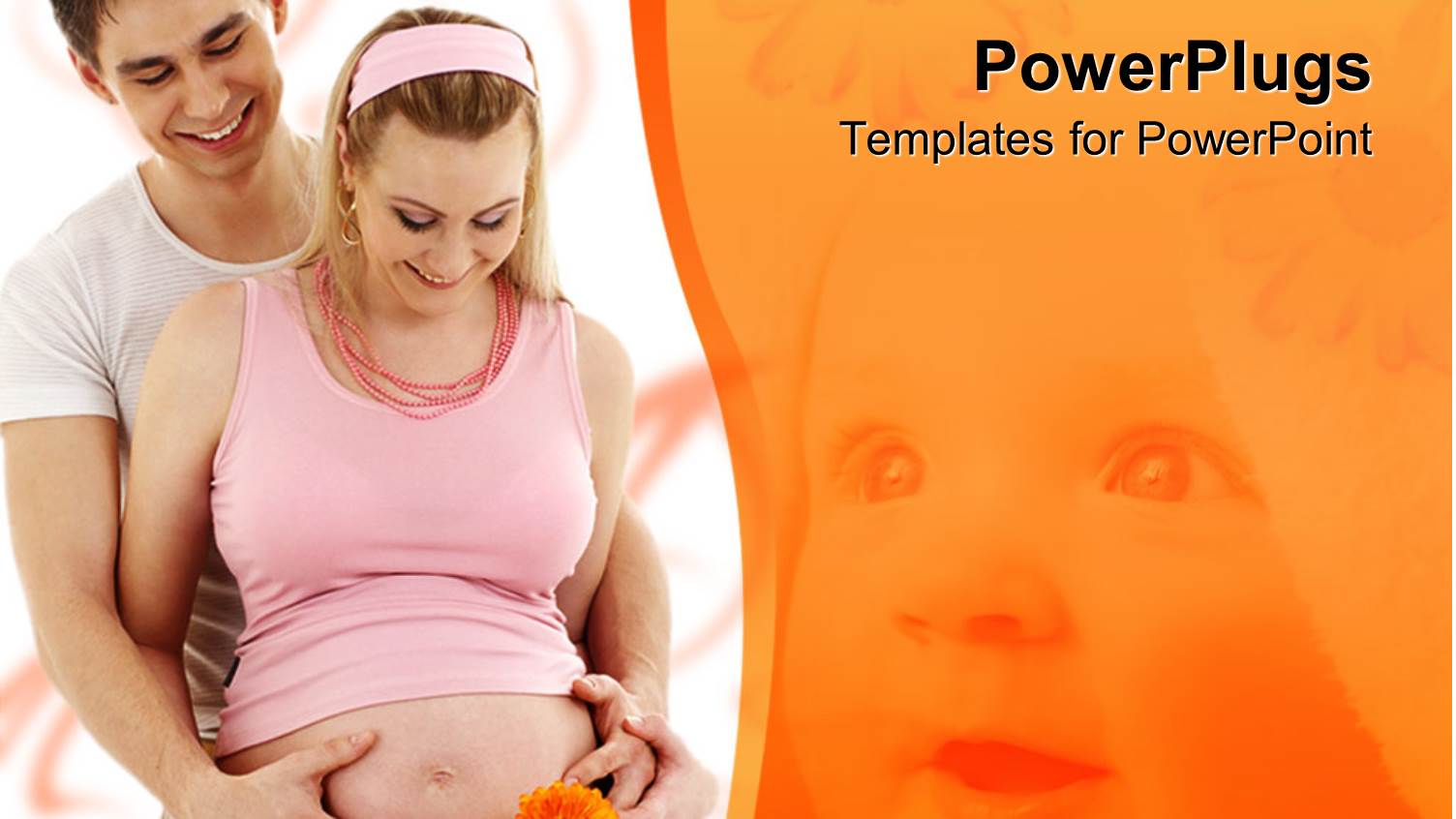 Happy Parents Waiting for Baby, Pregnant Woman and Man Holding her Belly on White Background with Happy Baby Face Faded