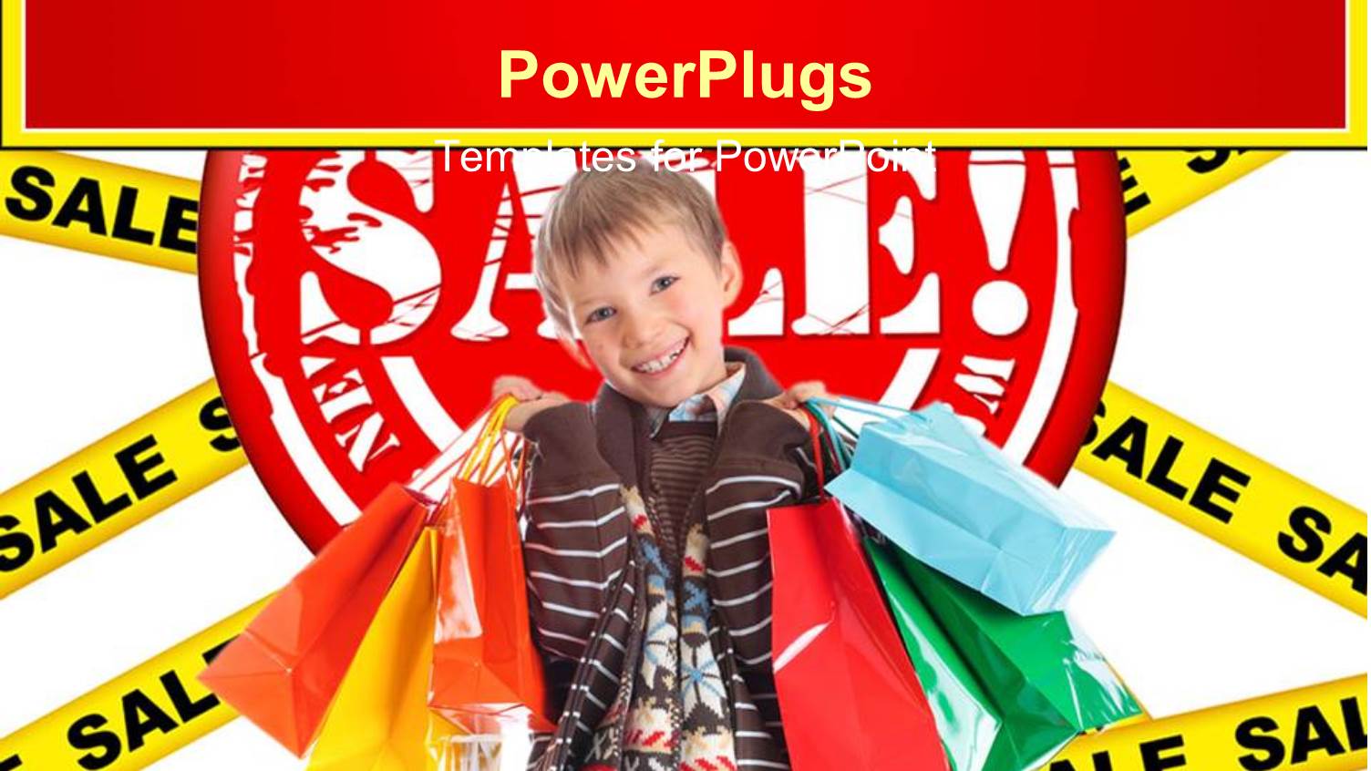 Happy Smiling Boy Holding Many Colorful Shopping Bags on Sale Sign Background