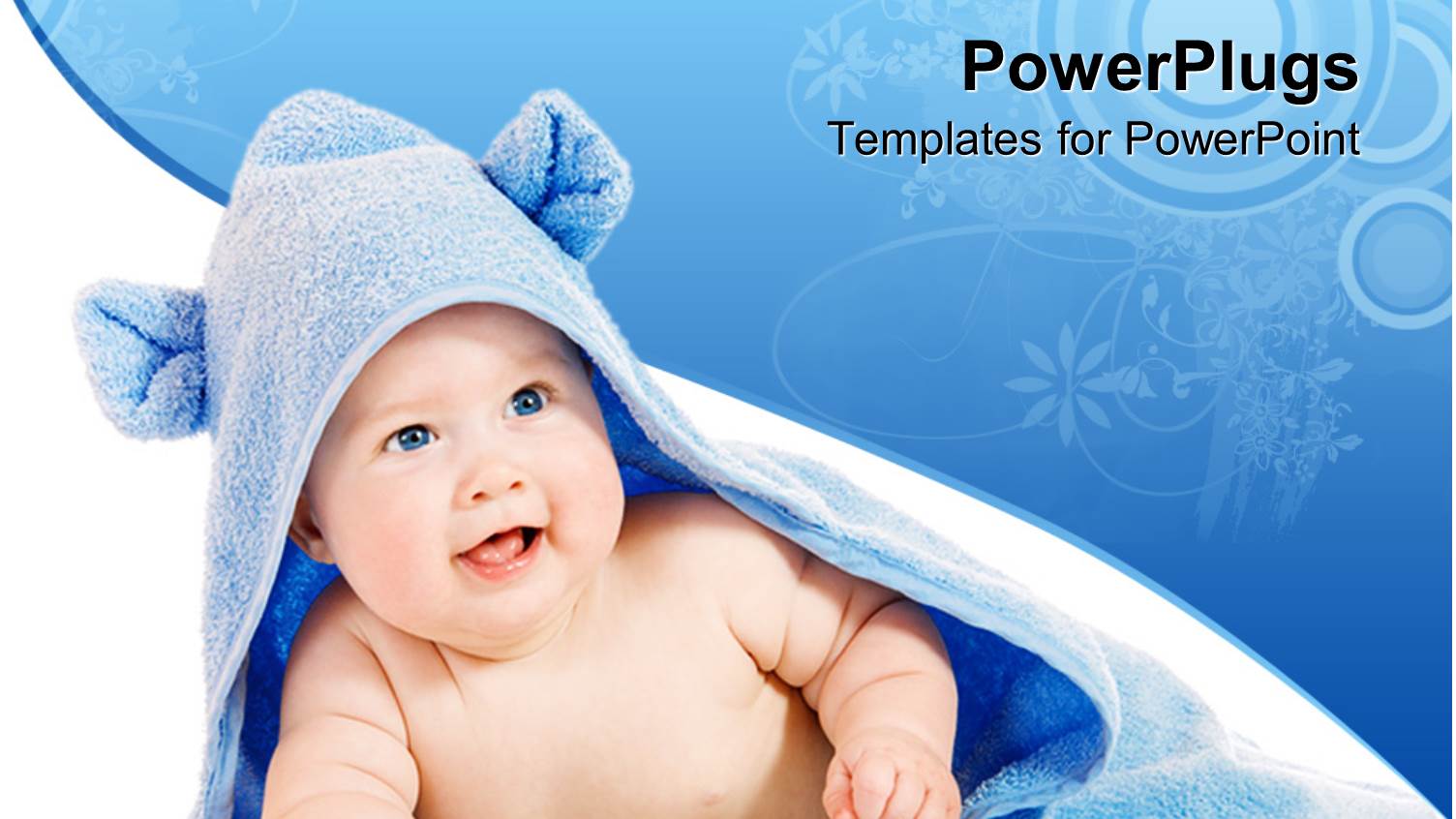 Happy Smiling Newborn Baby Covered by Blue Soft Bath Towel