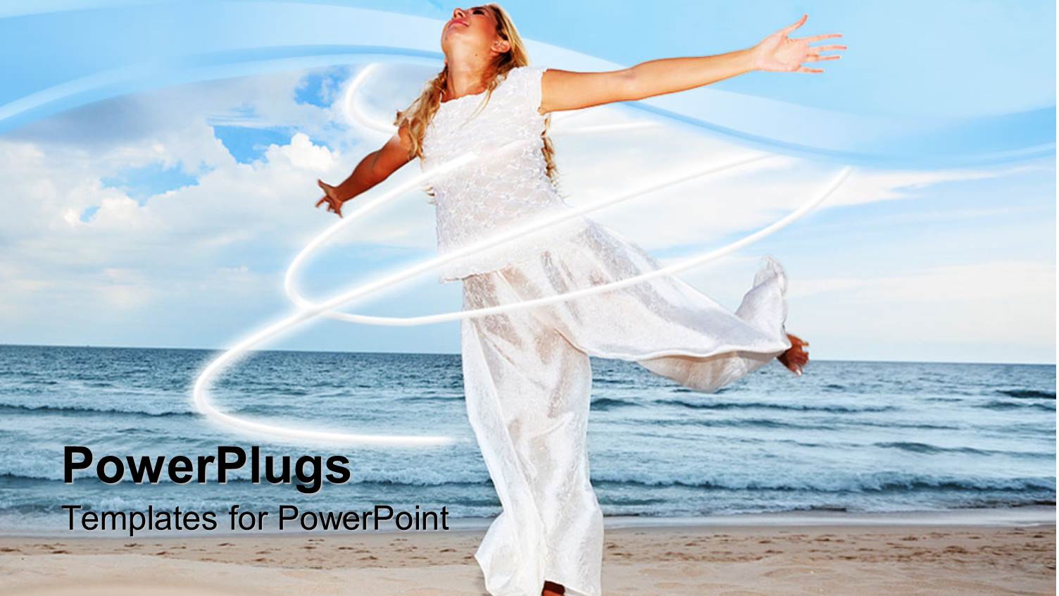 Happy Woman Dressed in White in Sandy Beach with Ocean Water and Blue Sky in the Background