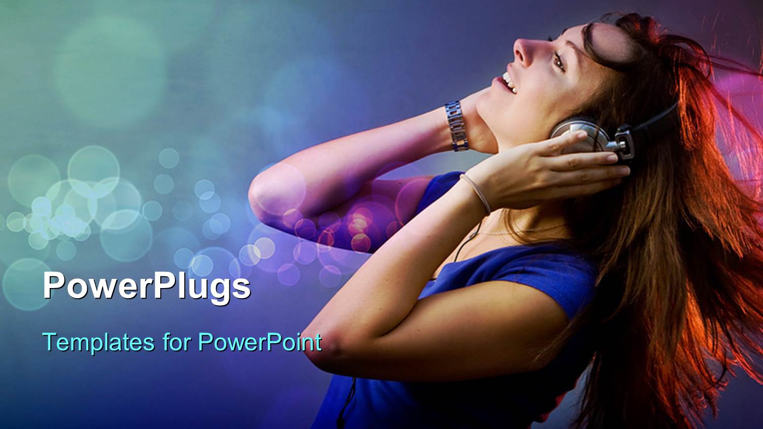 Happy Woman Listening to Music in Headphones on Bubbled Background