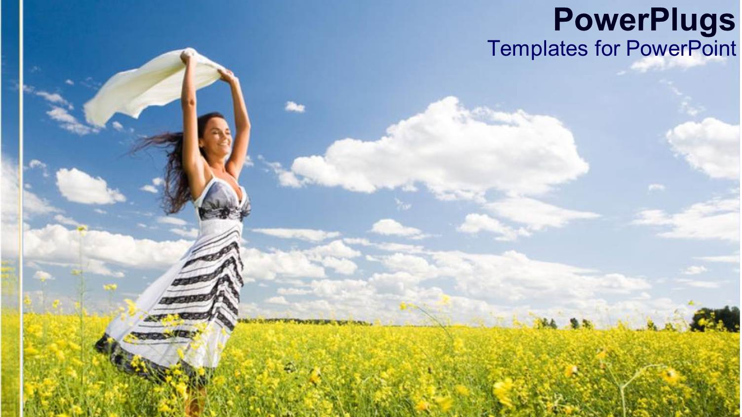 Happy Woman Smiling in the Middle of Yellow Flowers on Field with Bright Blue Sky in the Background