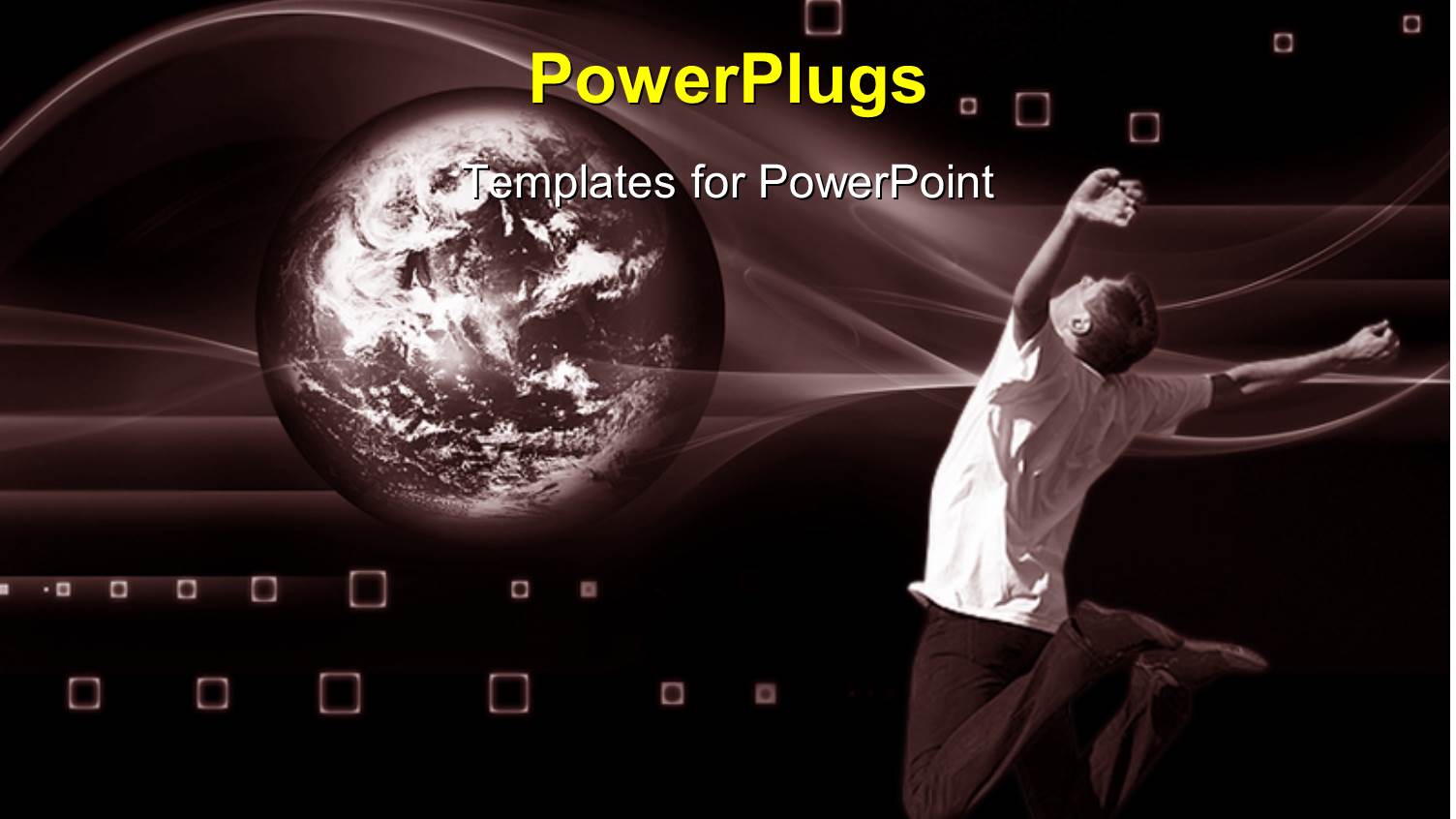 Happy Young Man Jumps for Joy with World Over Abstract Background