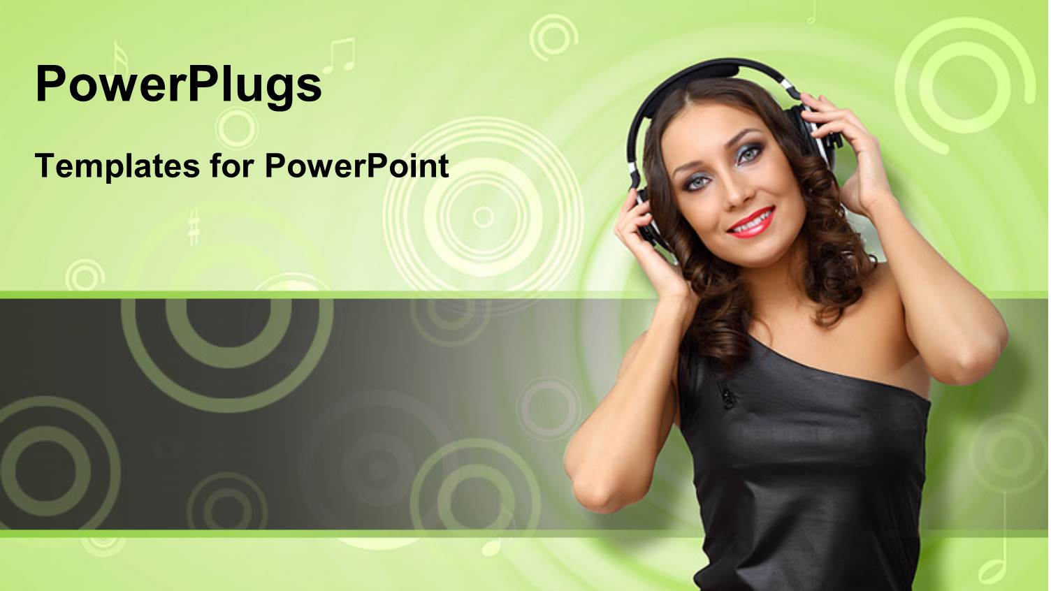 Happy Young Woman with Headphones on Over Green Background with Concentric Circles