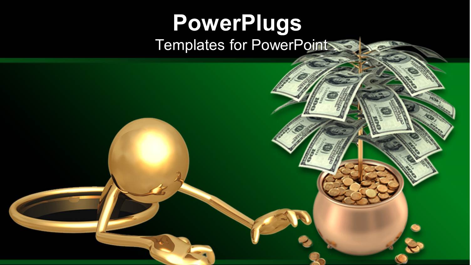 Head and Hands of 3D Golden Figure Getting Out of Pit with Hand Trying to Reach Money Coins from Money Tree