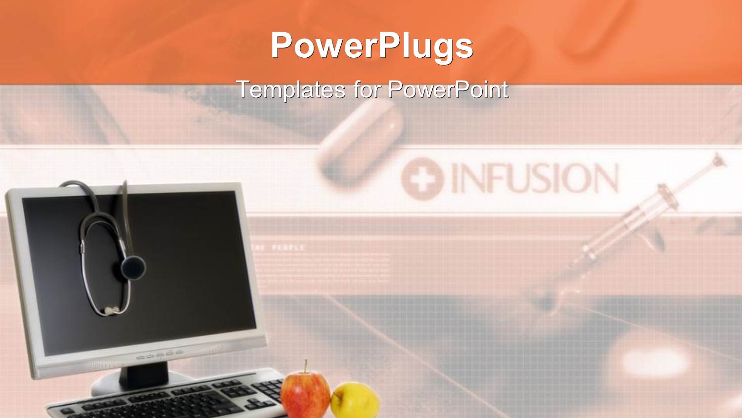 Health Care Technology Theme with Computer, Stethoscope, Apples, Medicine and Syringes