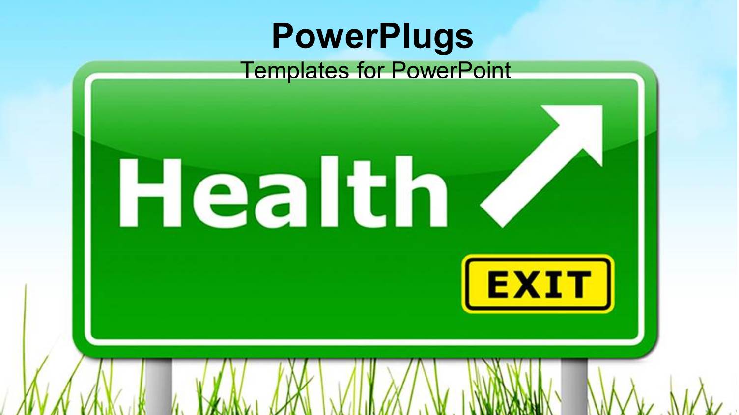 Health Exit Sign with Arrow in Grass on Light Blue Sky Background