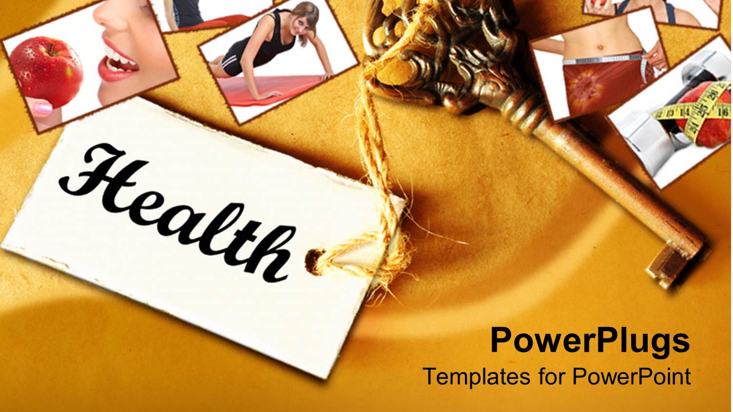 Health on Label on Retro Key, Collage of Six Depictions of Healthy Lifestyle Woman Biting Apple, Woman Drinking Water,