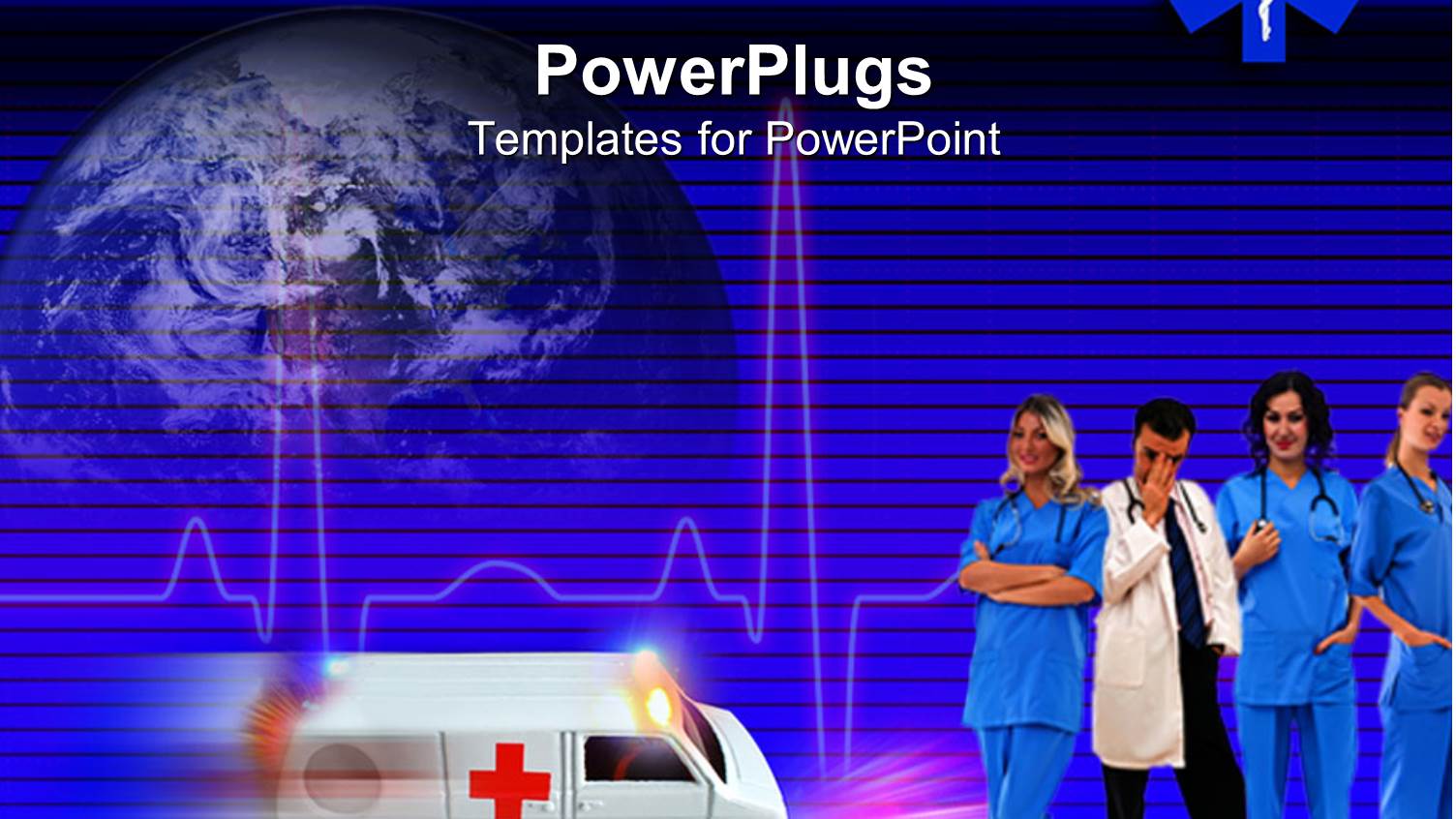 Healthcare Theme with Doctor and Three Smiling Nurses Ambulance Speeding and Heartbeat Line with Globe in the Background