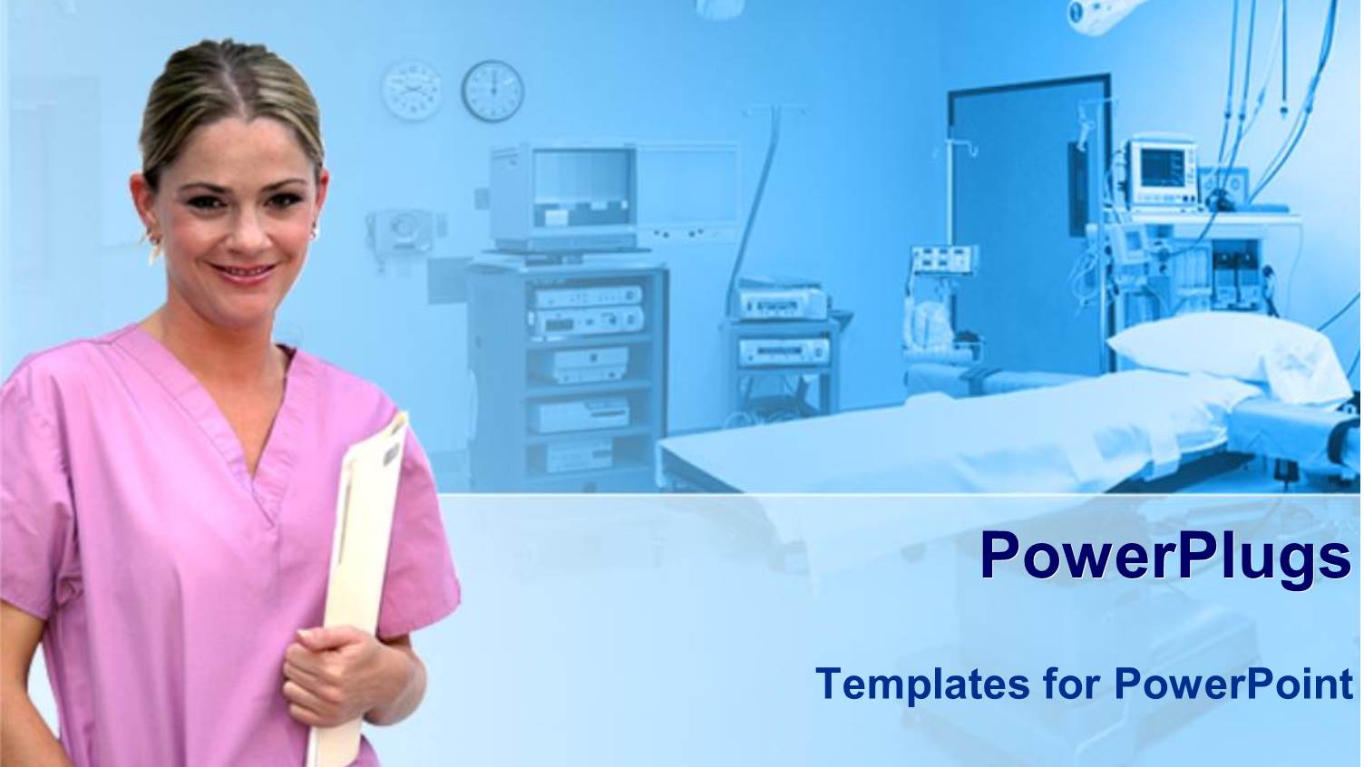 Healthcare Theme with Smiling Nurse in Pink Uniform Holding Patient File Record and Hospital Room in the Background