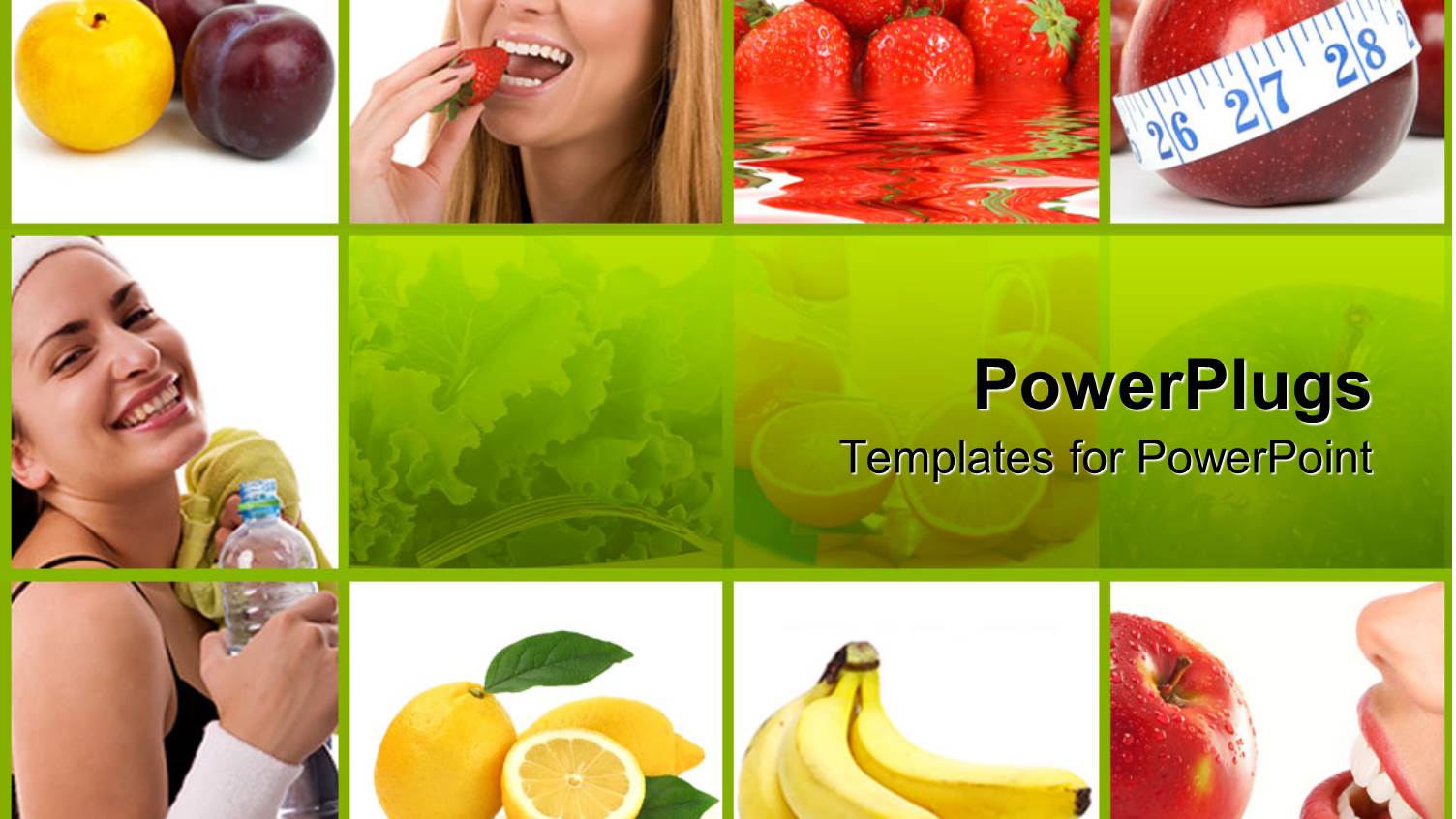 Healthy Diet with Collage of Depictions of Healthy Food and Fitness Exercising Bottle of Water, Lemons, Bananas,