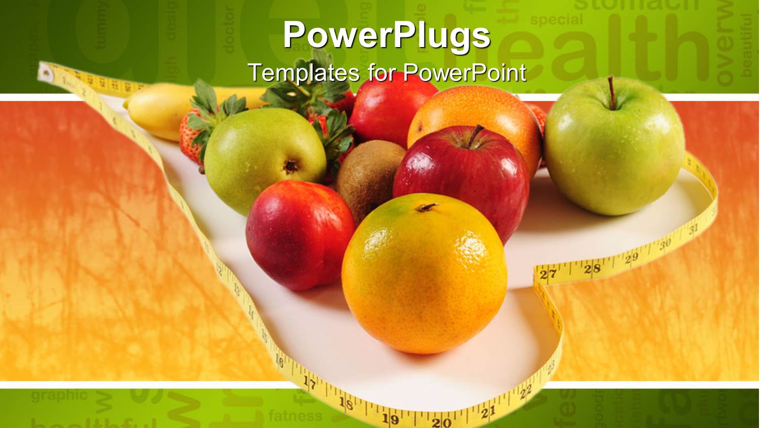 Healthy Diet Concept with Various Fruits Inside a Heart Shape Made of Measuring Tape with Words Related to Health on