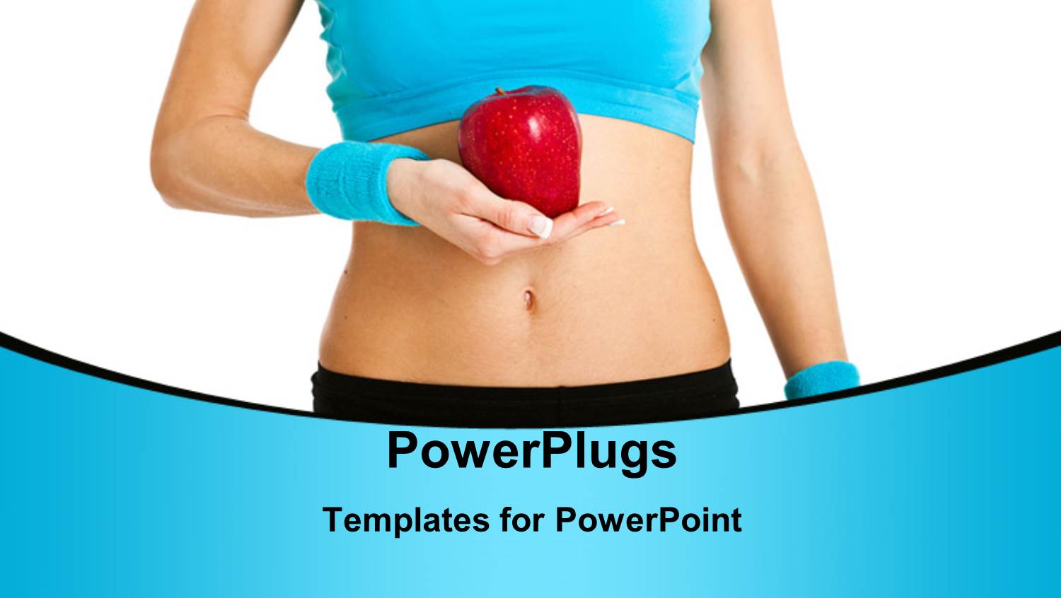 Healthy Young Woman in Blue with Red Apple in Hand Over White Background