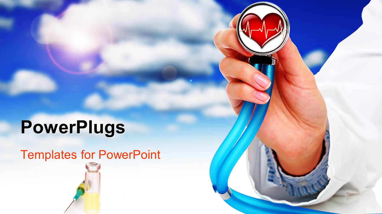 Heart Health Cardiology with Stethoscope in Doctor's Hand, Syringe, Blue Sky with Cloud Background