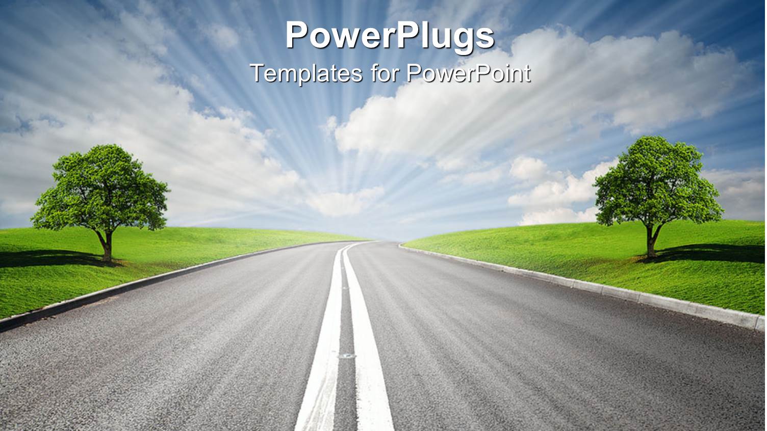 Highway Between Green Field and Trees with Cloudy Sky