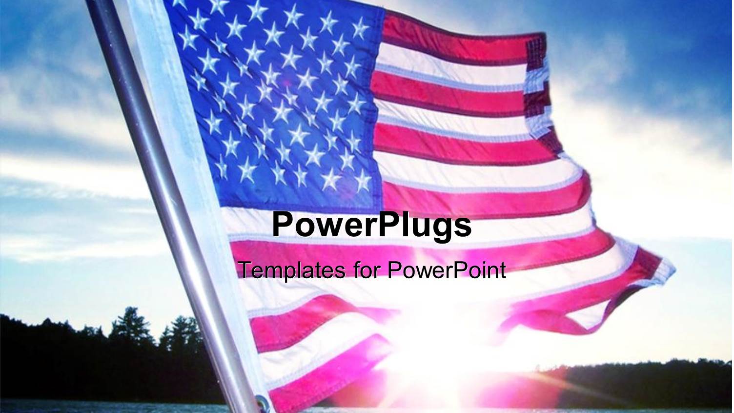 Hoisted American Flag Over Blue Cloudy Sky with Sunshine Reflecting on Sea Surface