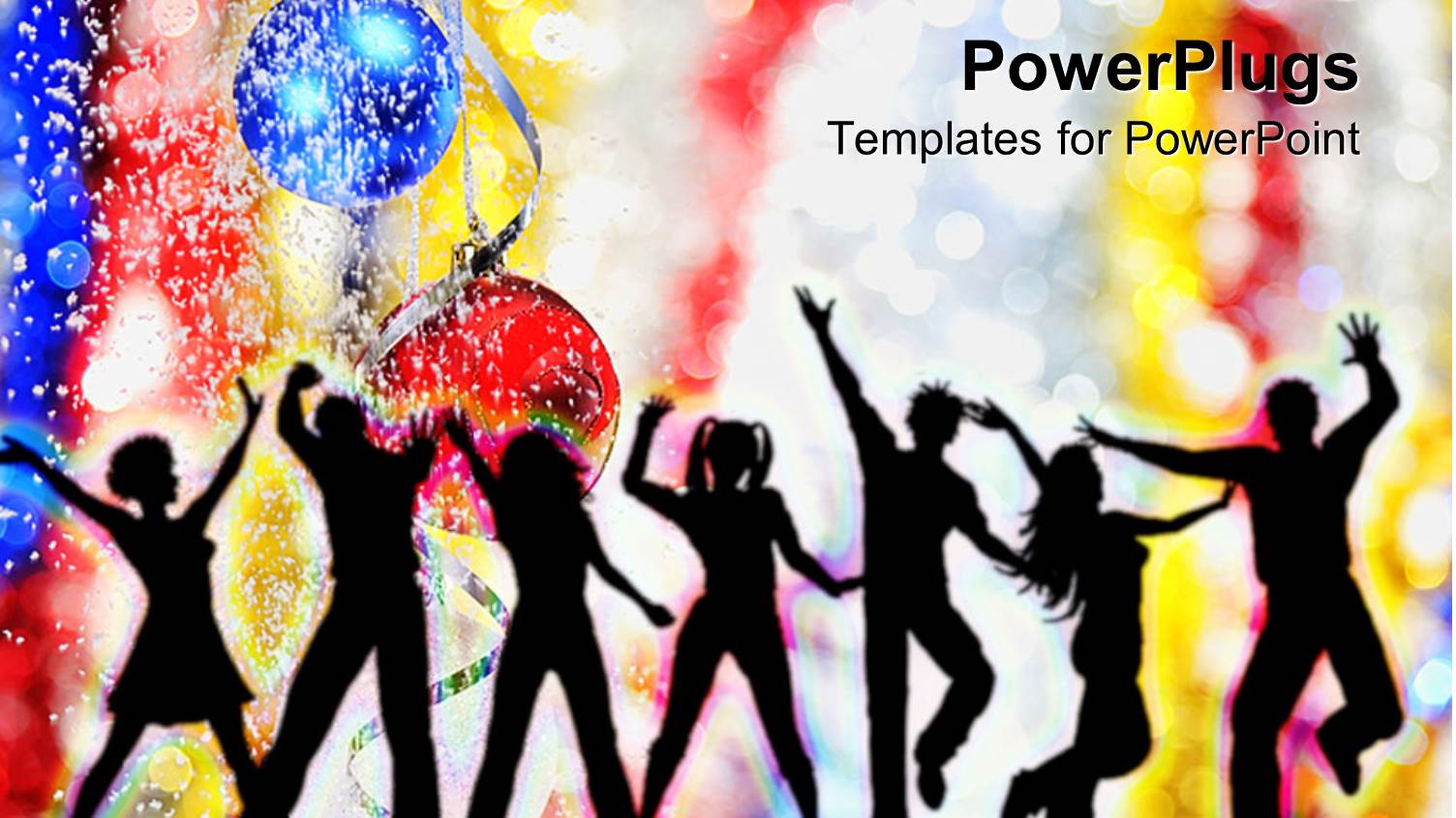 Holiday Party with Silhouettes Dancing, Christmas Balls, Snow