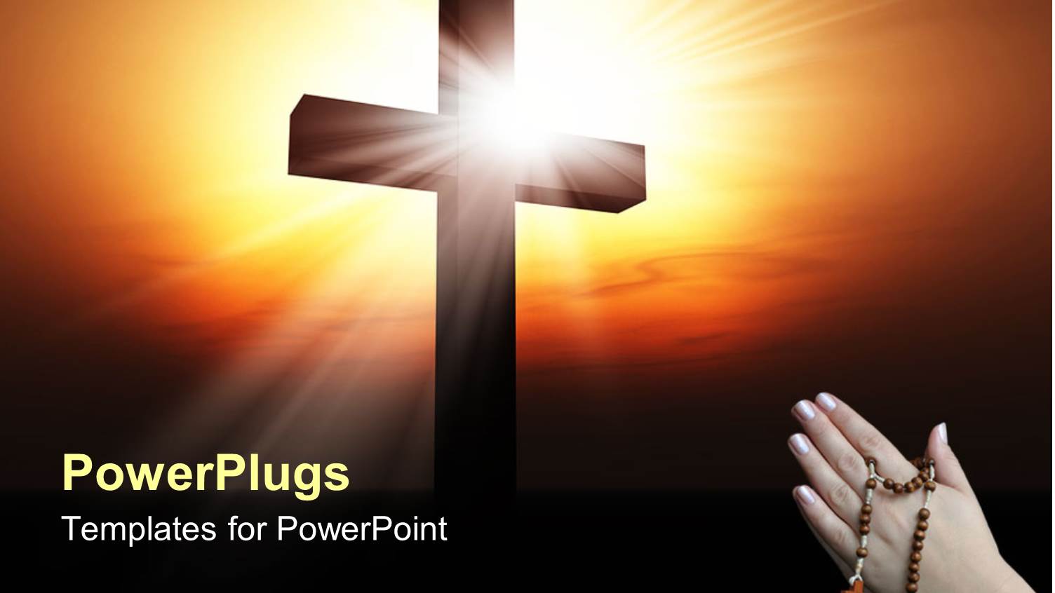 Holy Cross with Beautiful Sunrise in Background and Woman with Rosary