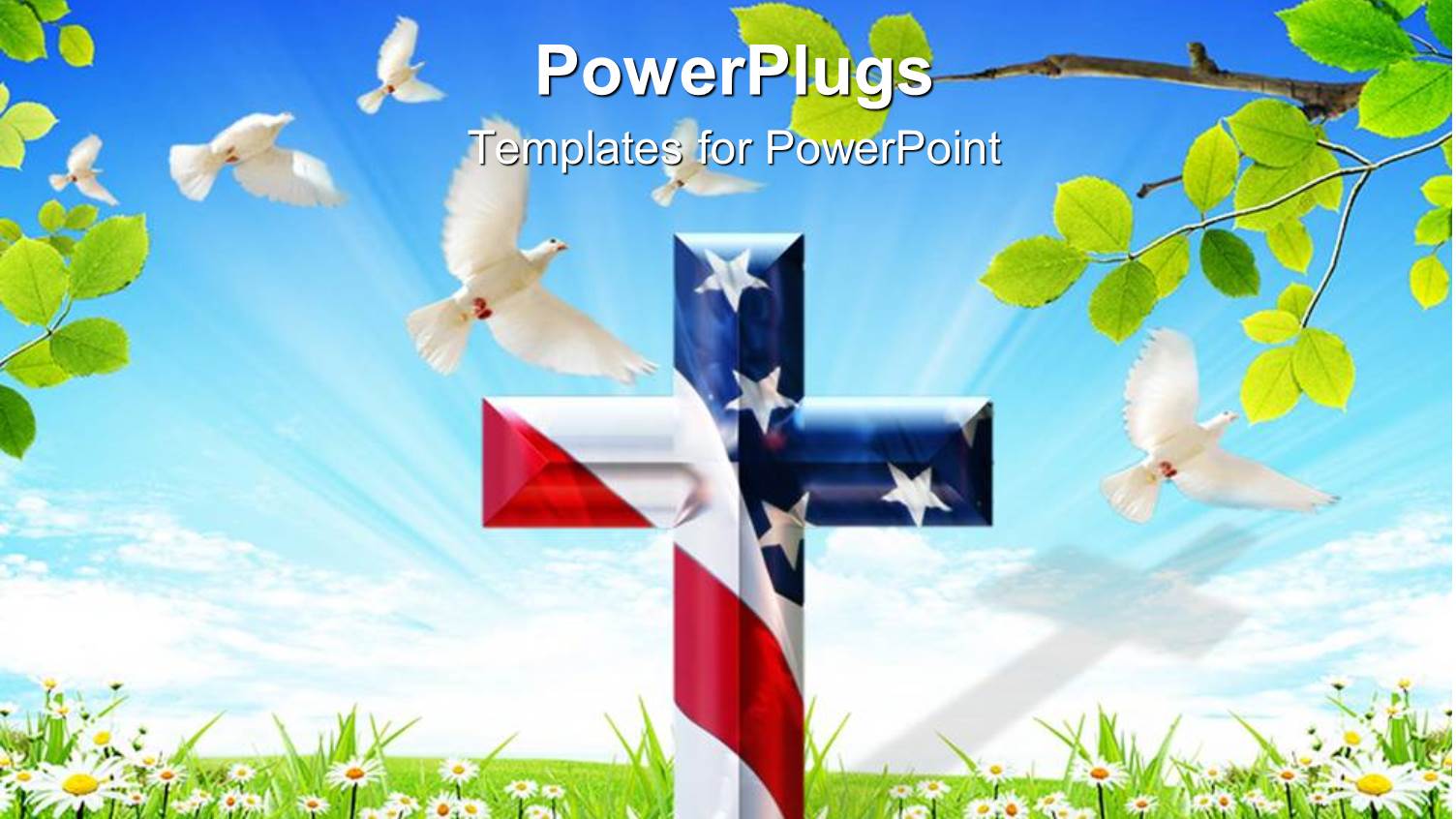 a Holy Cross with USA Banner and a Number of Doves Flying