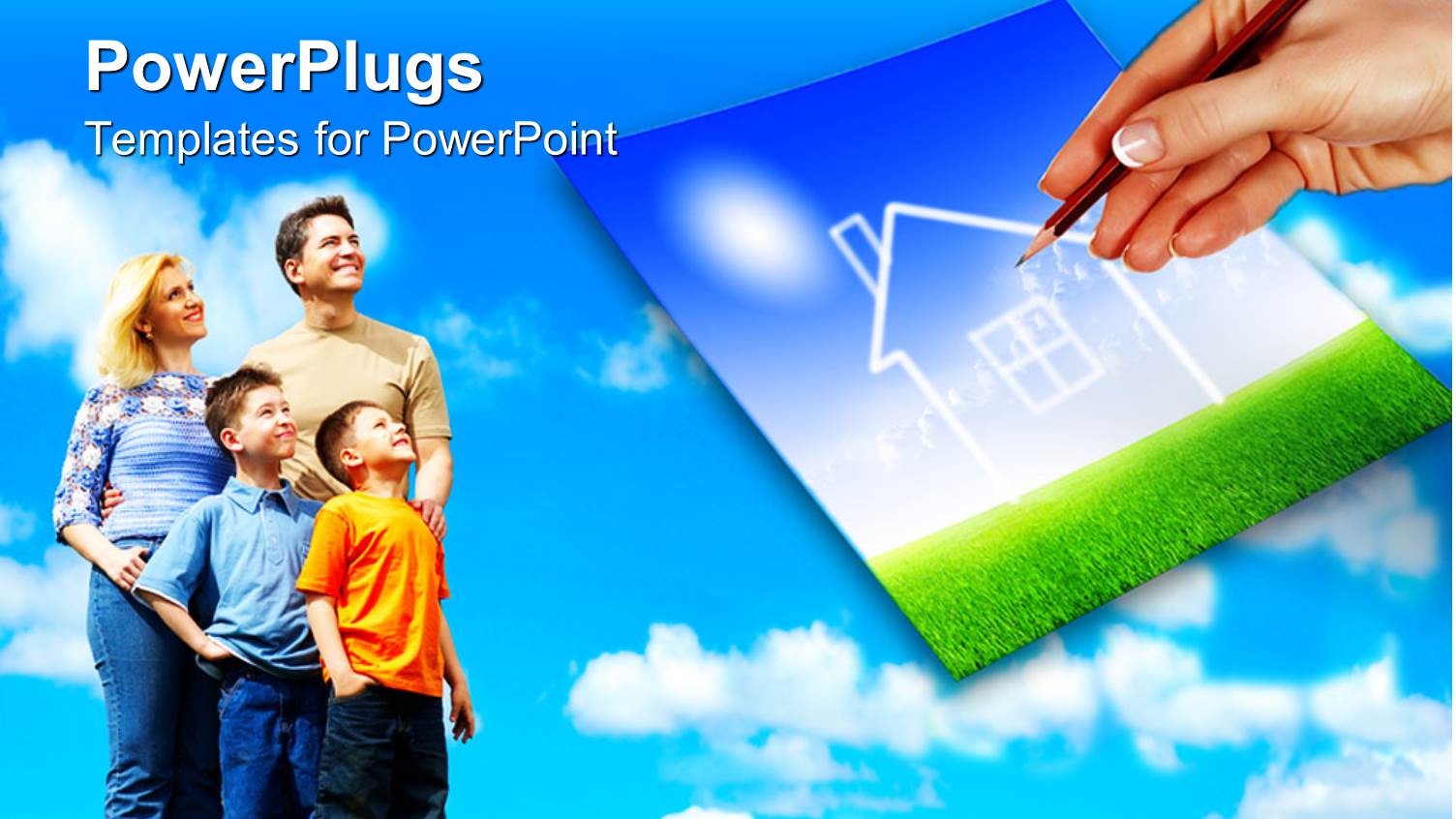 Home Ownership Metaphor with Family Watching House Being Drawn with Pencil