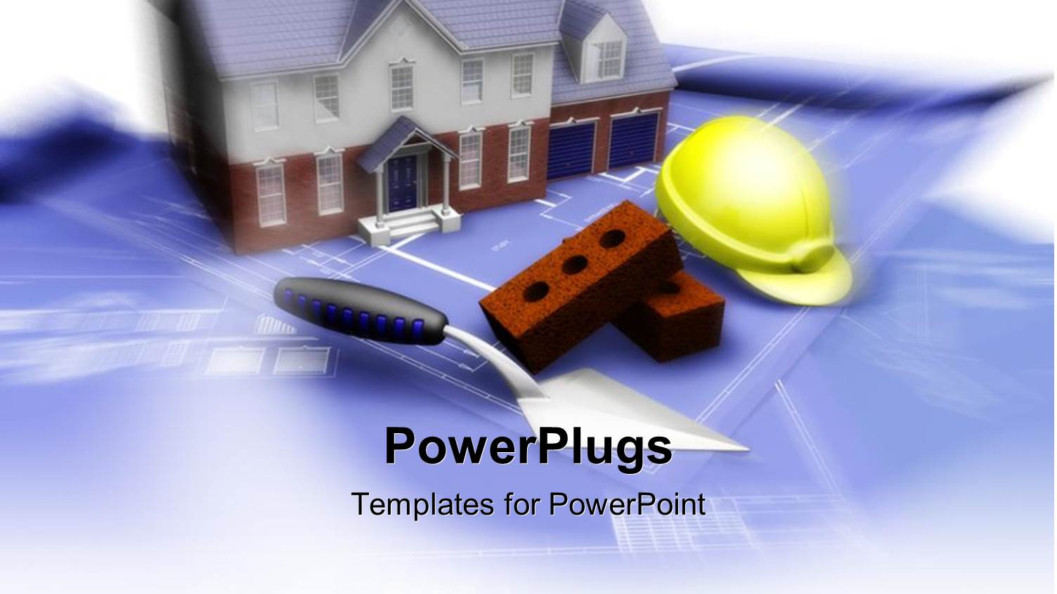 House, Bricks, Hard Hat and Trowel on Blueprints