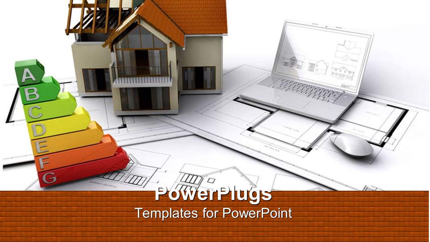 House on Construction Next to Hard-Copy Blueprints, Laptop and Energy Ratings Graph