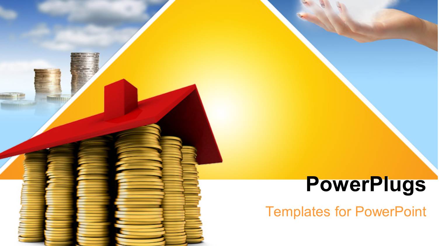 House of Gold Coins with Hand Holding Dream House in Sky