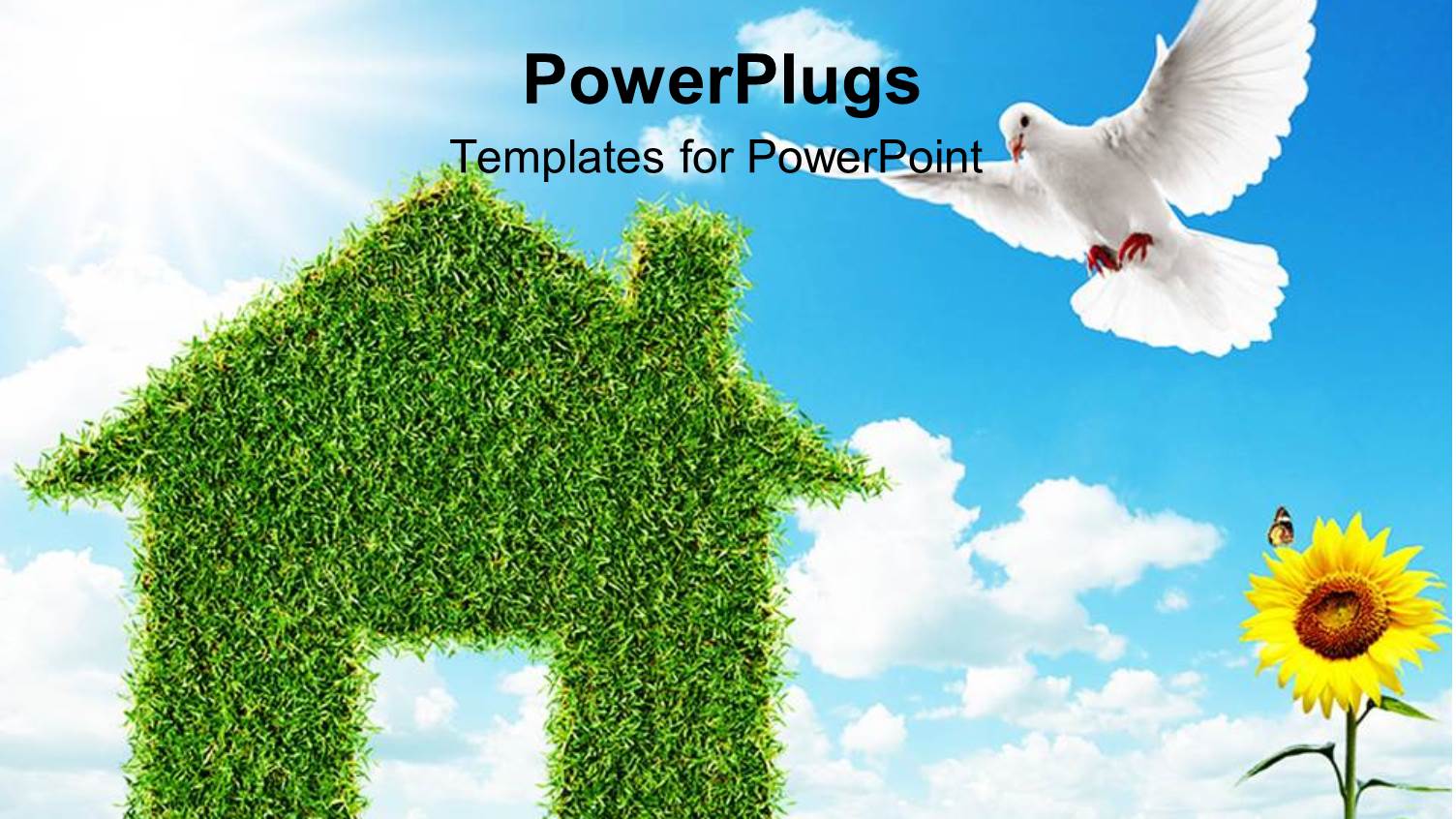 House Made of Green Grass, Sunflower, Dove, Blue Sky, Clouds, Green Living Metaphor, Sustainable, Ecology