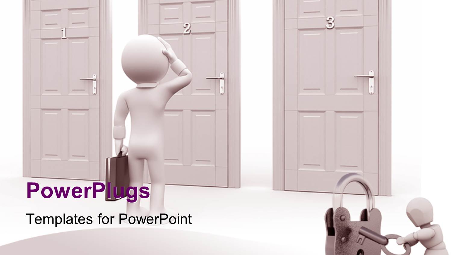 Human Character with Briefcase Trying to Choose the Right Door Amongst the Three Locked Doors with Padlock and Key in