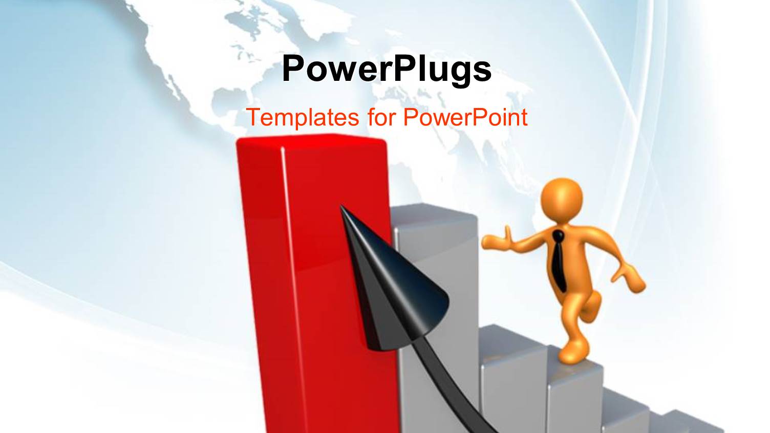 Human Character Climbing Bar Graphs to Reach Top and an Arrow Pointing Growth, World Map