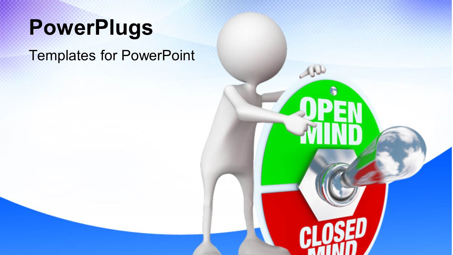 Human Character Pointing Towards Metal Toggle Switch with Plate Reading Open Mind and Closed Mind