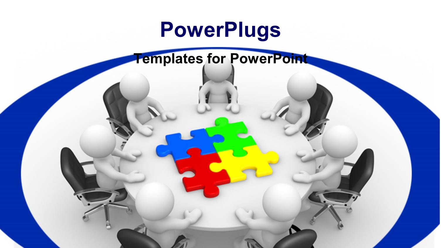 Human Characters at a Round Table and Colored Puzzle Pieces at the Center of the Table with White Color