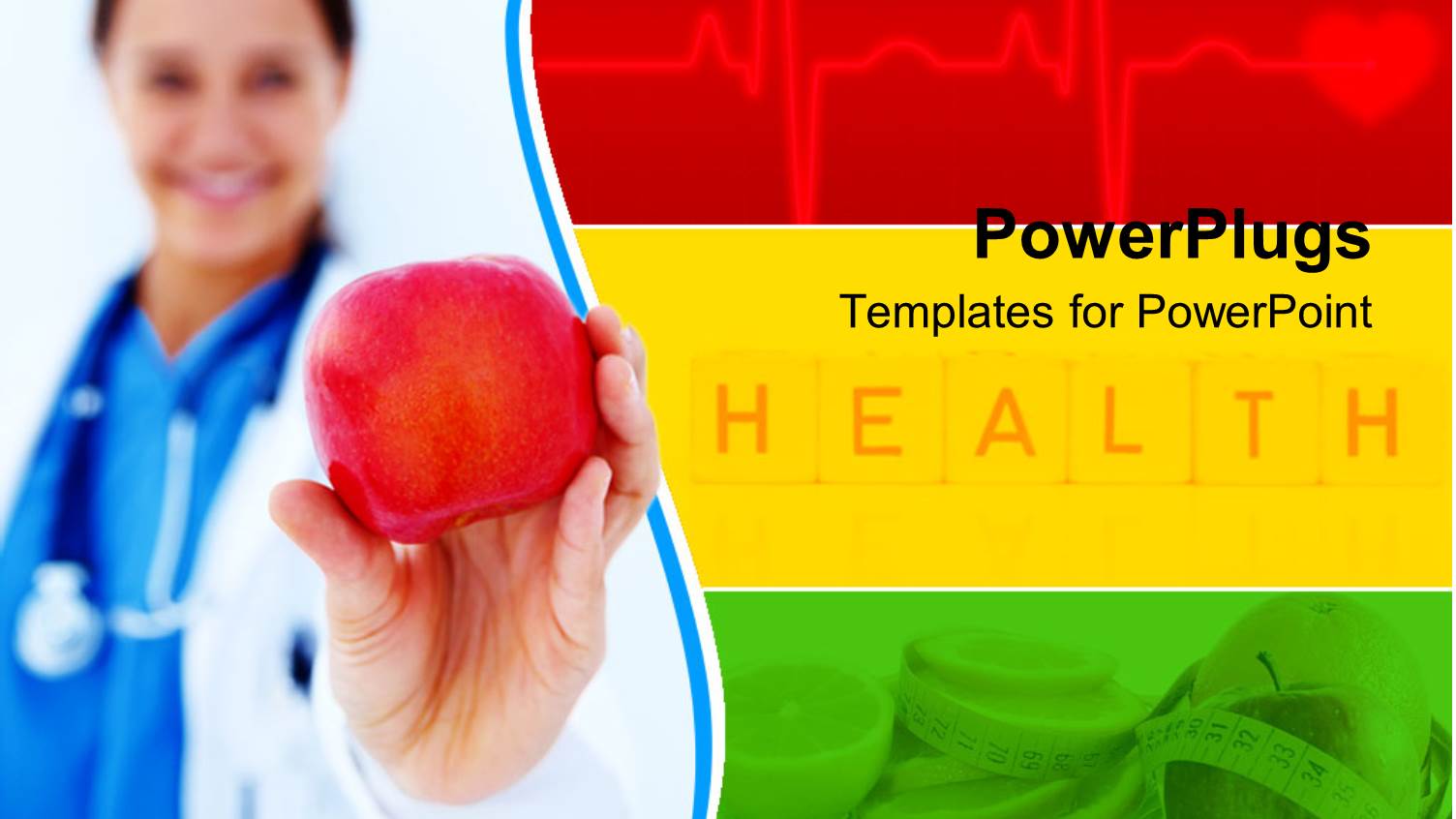 Human Female Doctor Holding an Apple with Health Text Beside her
