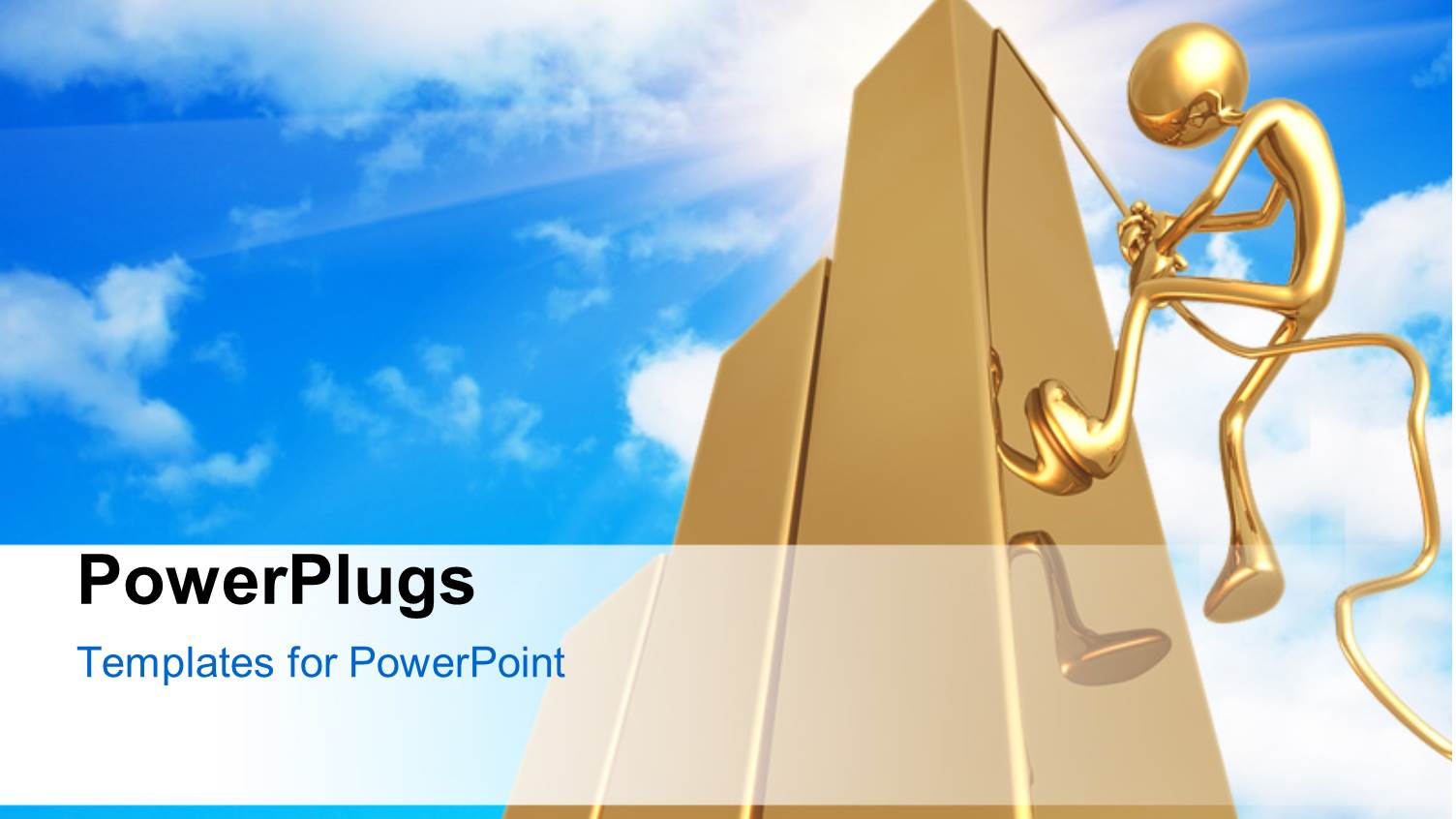 Human Figure Climbing a 3D Golden Bar with Sky in the Background