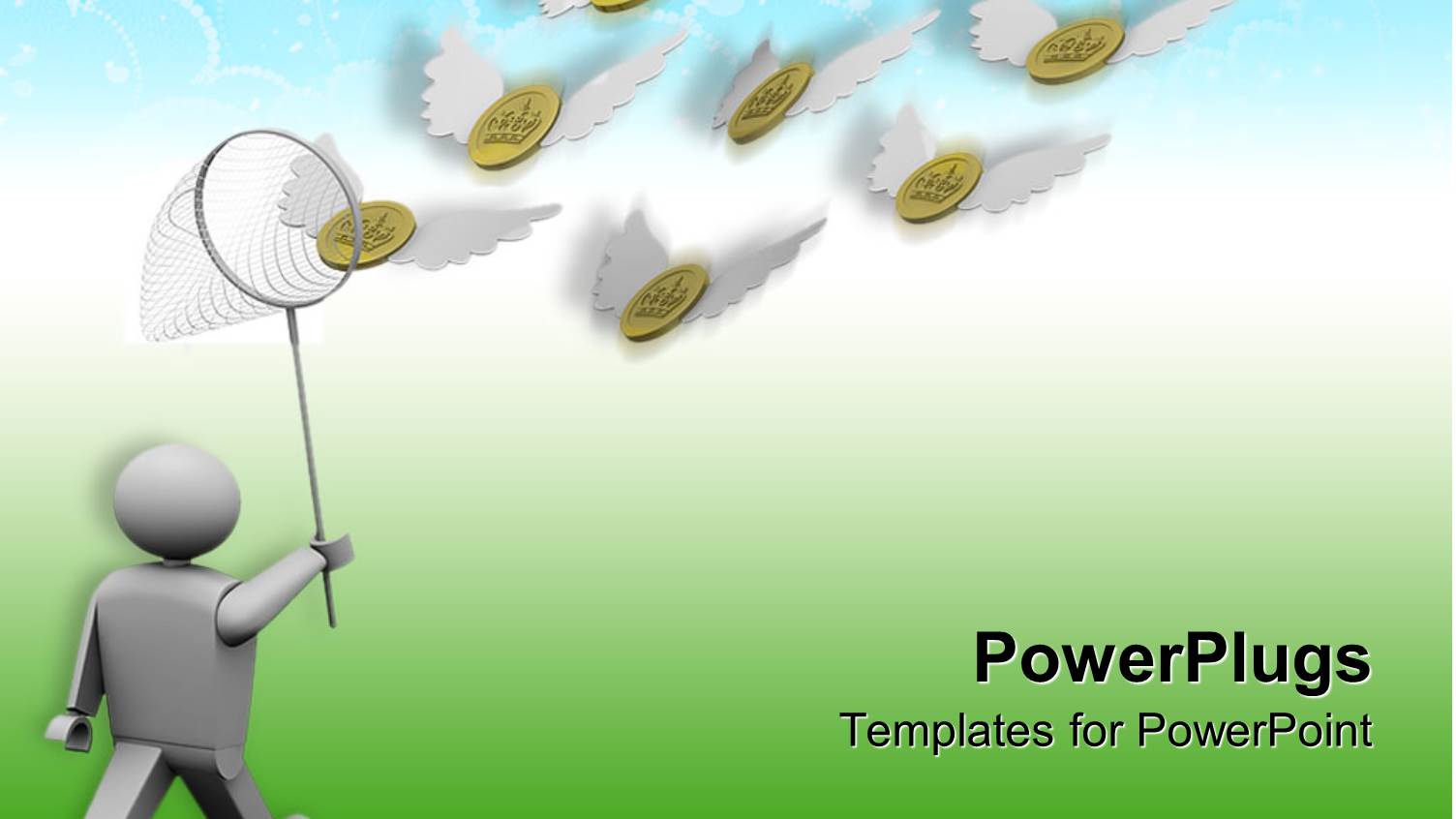 Human Figure with a Net Catching Lots of Coins with Wings