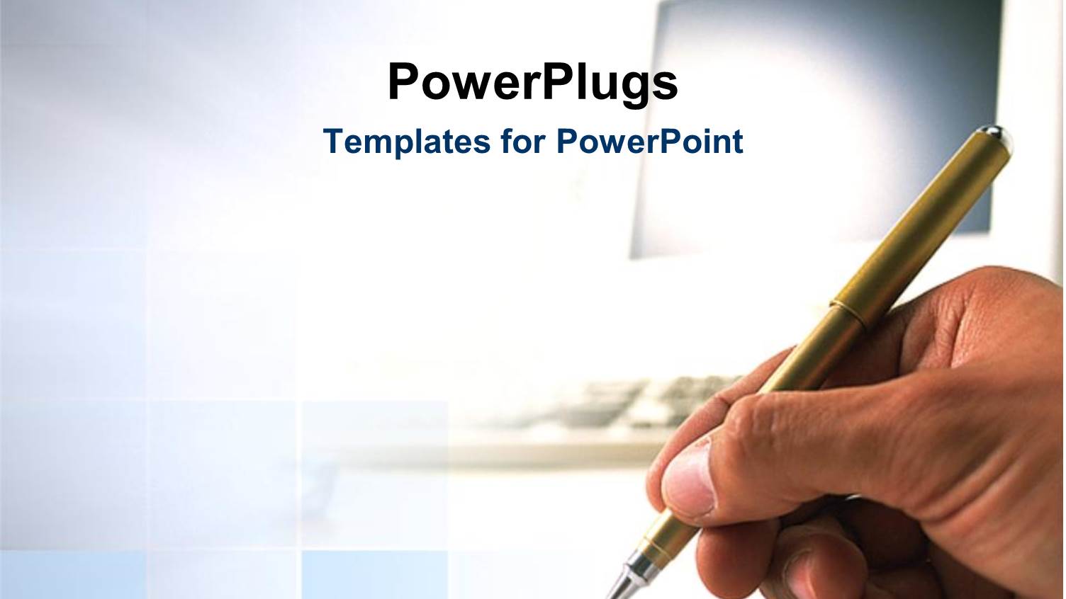 Human Hand Holding Ball Point Pen Writes with Blurred Computer Monitor Behind