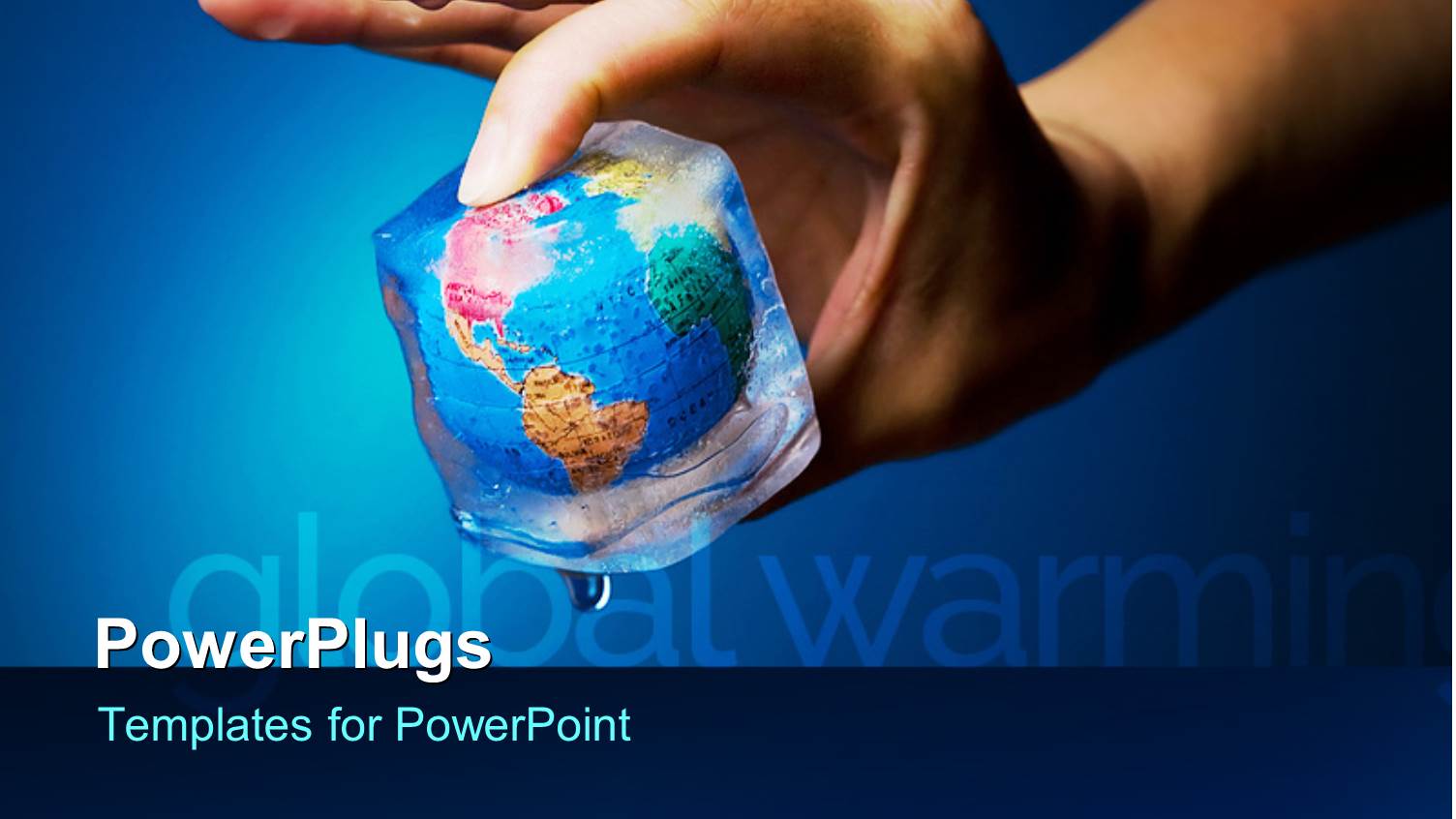 Human Hand Holding Earth Globe Frozen into Thawing Ice Cube, Global Warming Concept