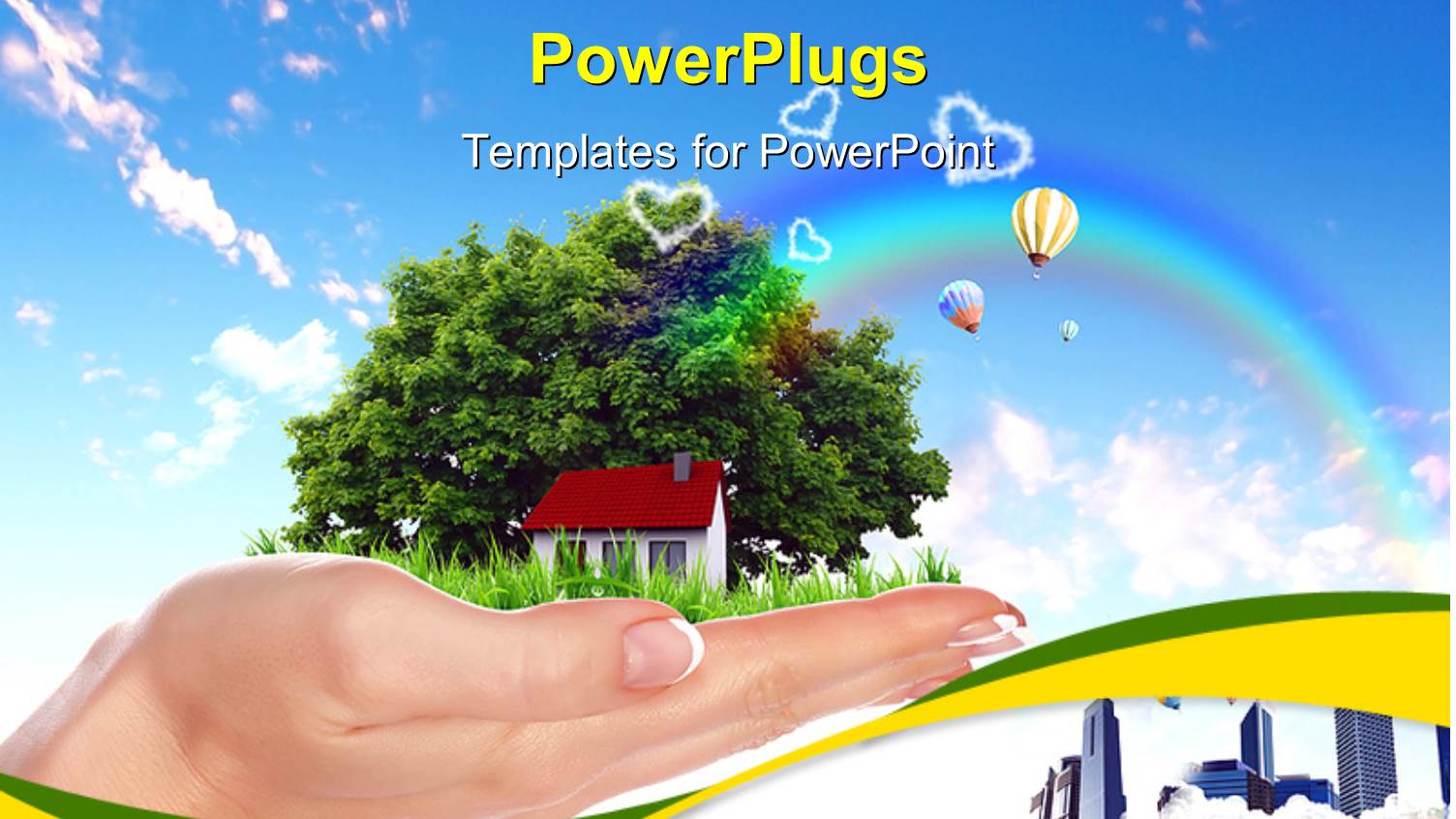 Human Hand Holding Houses Surrounded by Nature Against Blue Sky and Rainbow