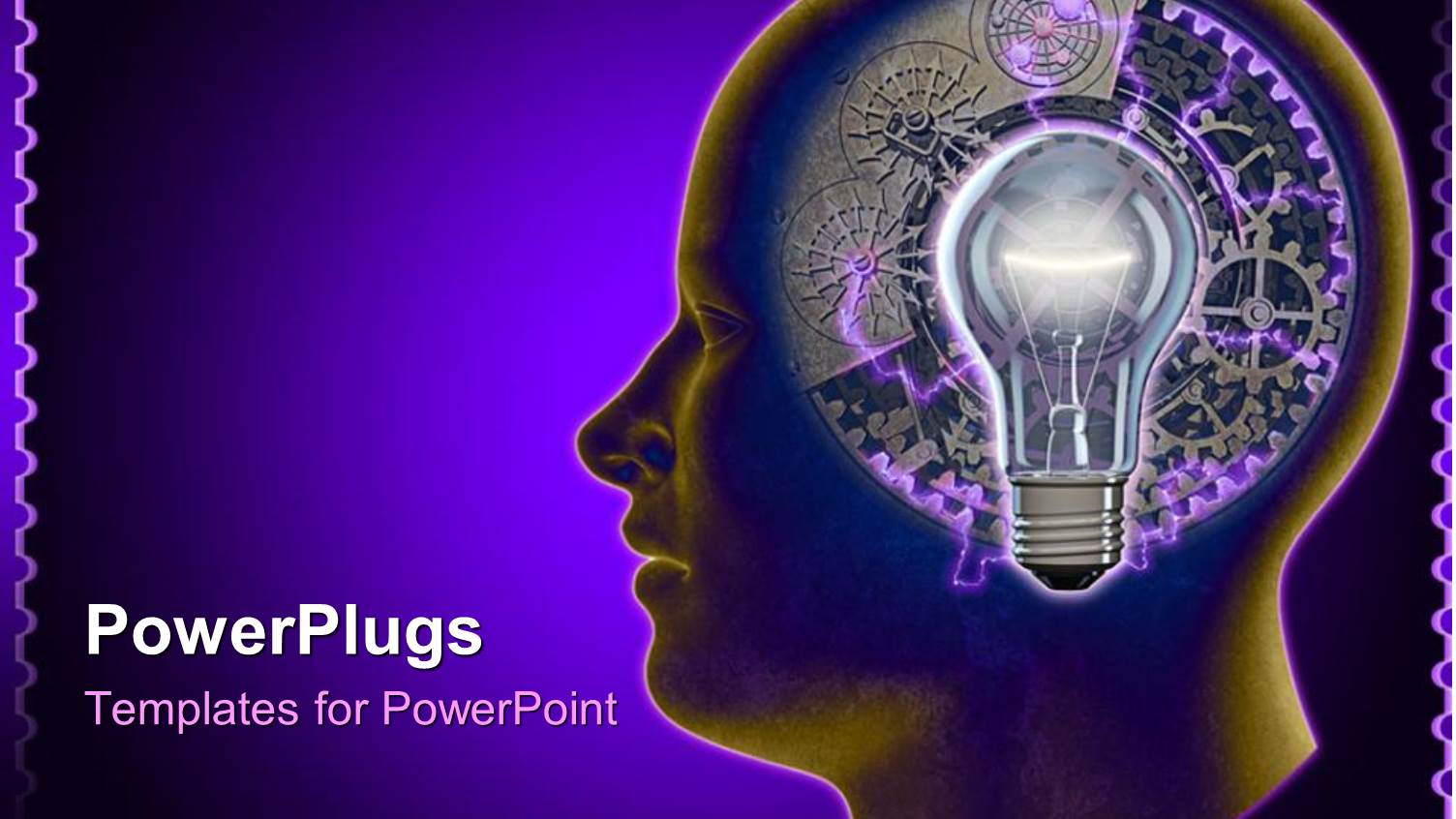 Human Head Outline with Turning Gears and Idea Light Bulb