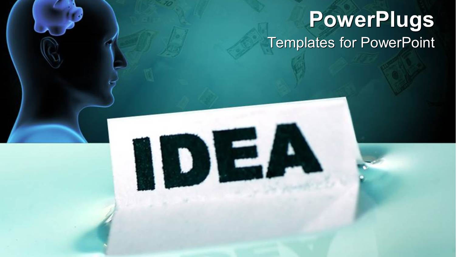 Human Head with Piggy Bank in Front of Card Floating on Water with IDEA