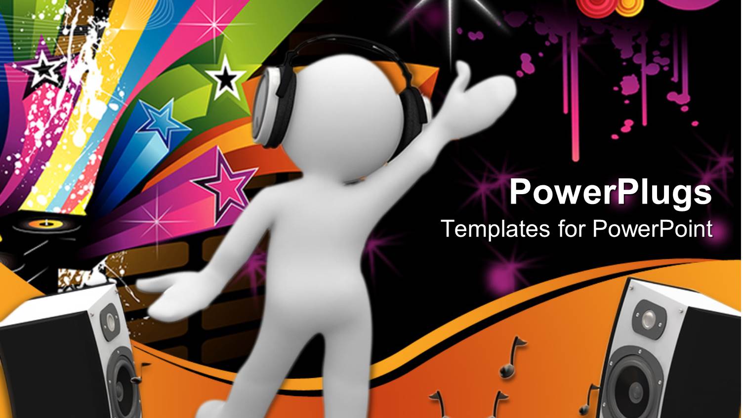 Human with Headphones Dancing with Speakers, Records, Colorful Shapes