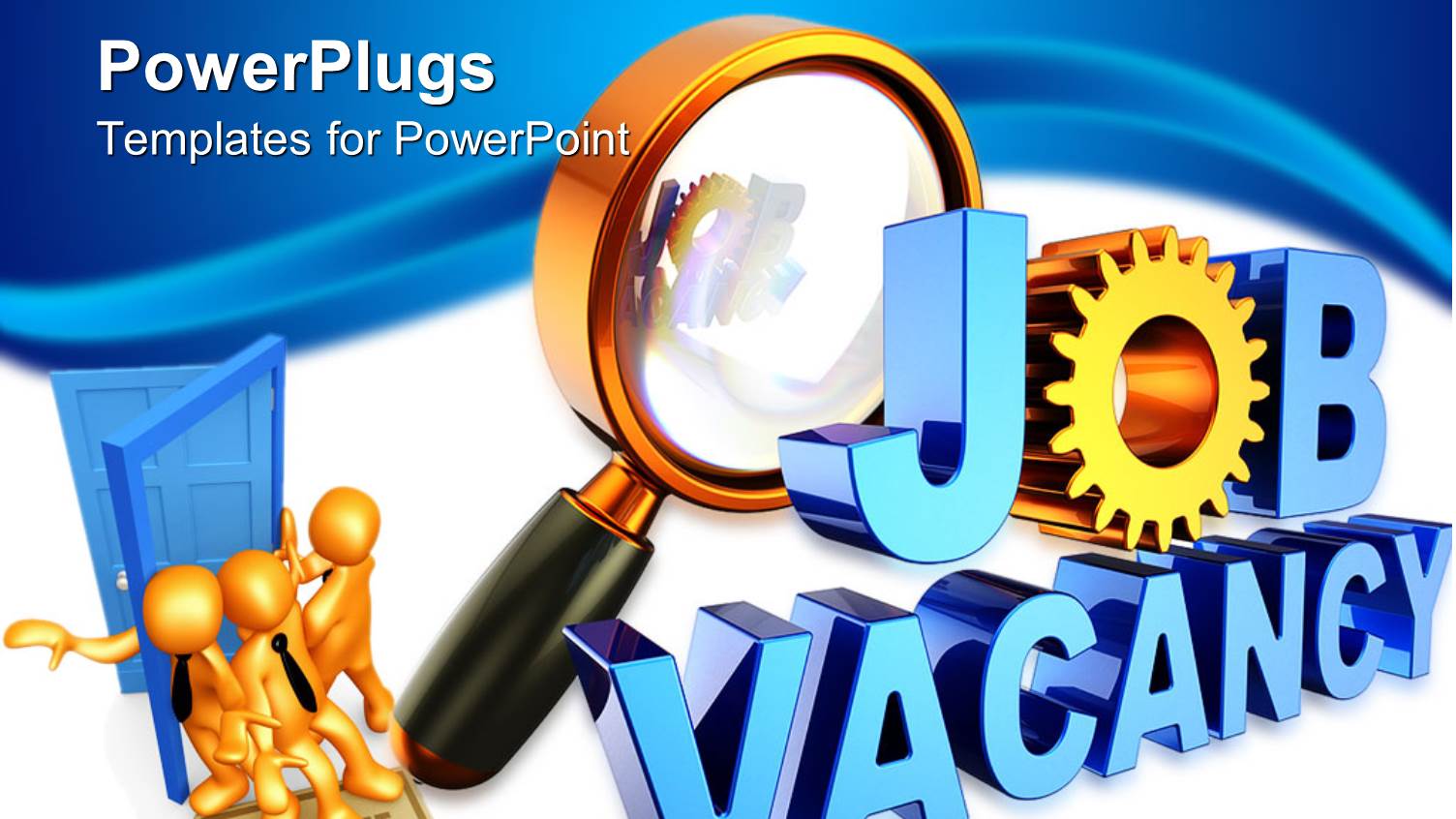 Human Resources Hiring Theme with Magnifying Glass, Job Vacancy, Workers Coming in Blue Door, HR, Employee Retention