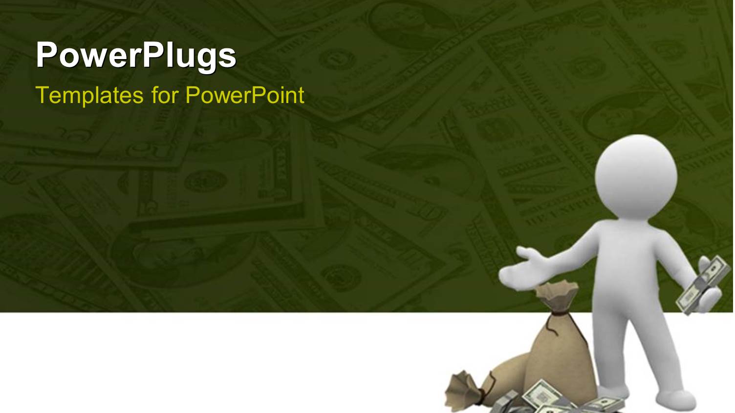 Humanoid Holding Dollars with some Bundle of Dollars on Floor and Money Bags with Dollars Lying Over the Background