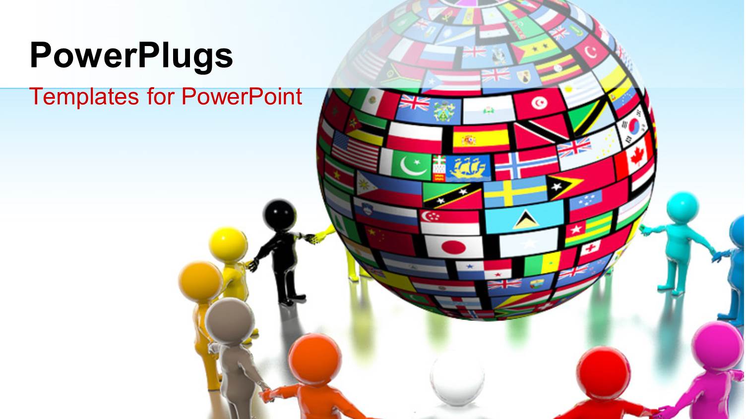 Humanoids Holding Hands and Surrounding a Globe Tiled Over with Flags of Nation