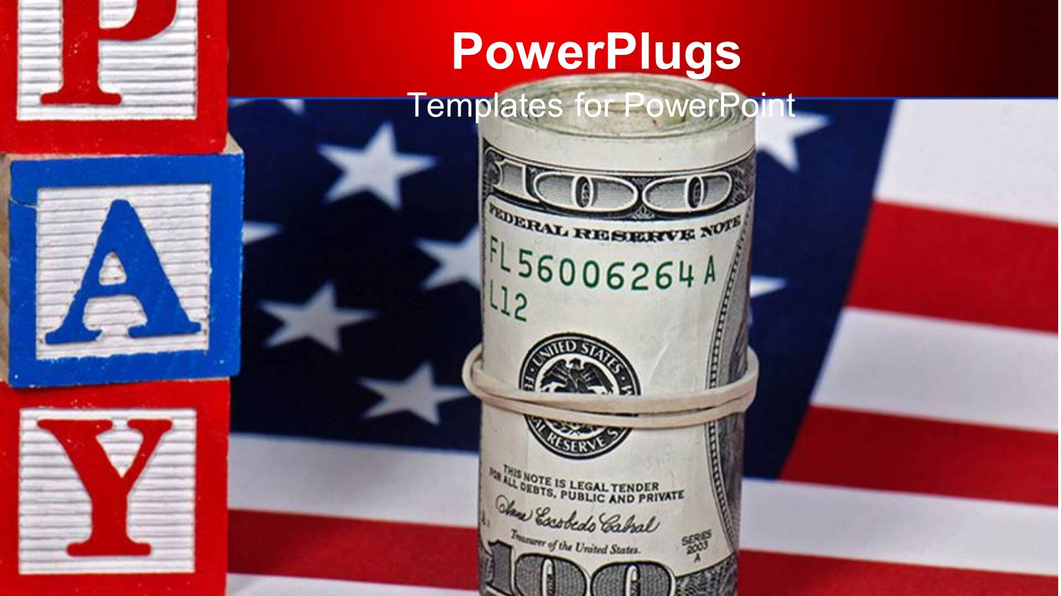 Hundred Dollar Bills Folded and Bound with Rubber Band on American Flag