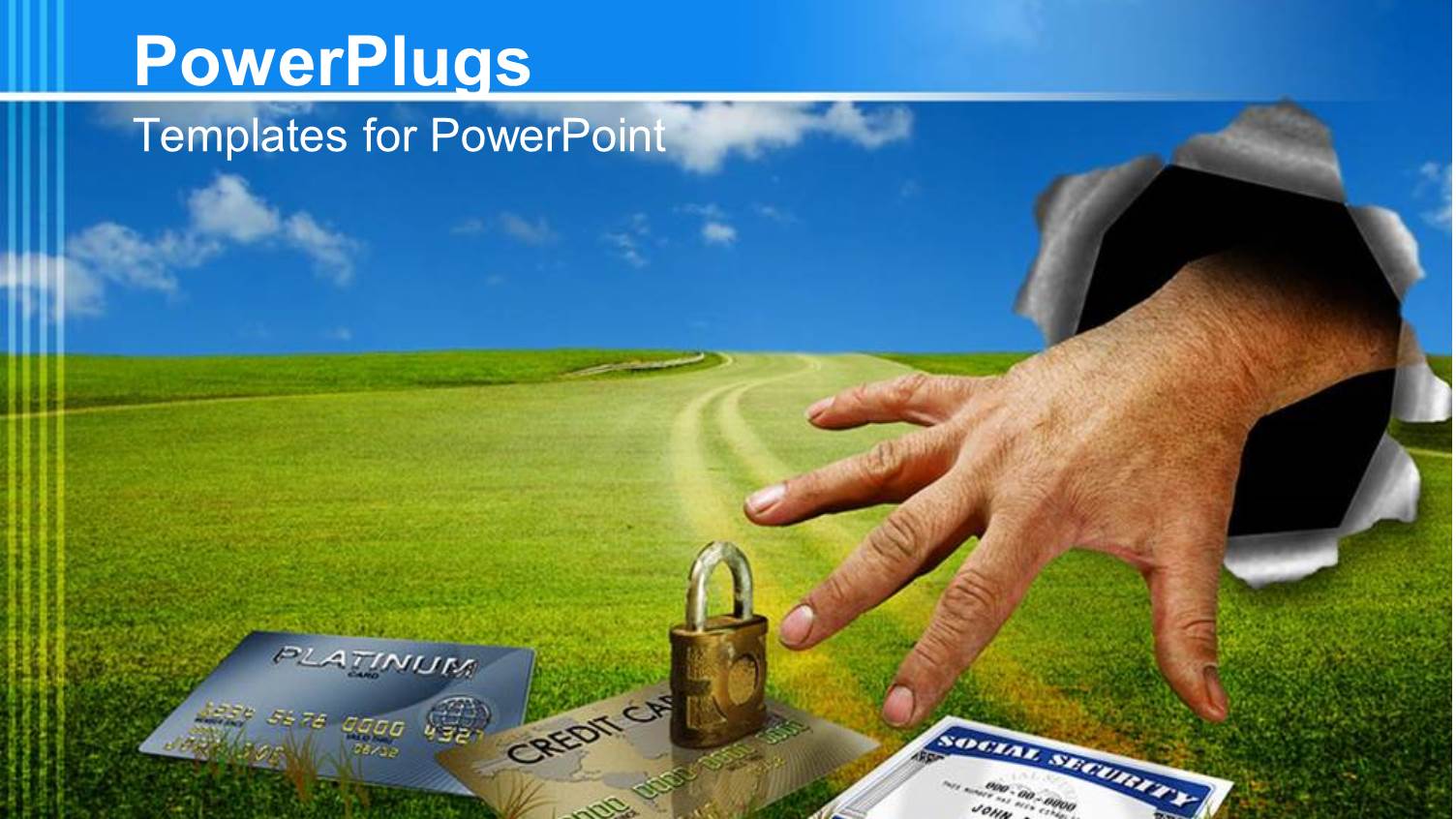 Identity Theft Metaphor with Hand Punching Through Background Stealing Credit Cards and Social Security  Number