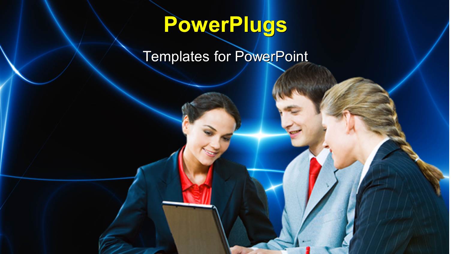 Interaction of Three Business People with Laptop on Desk 