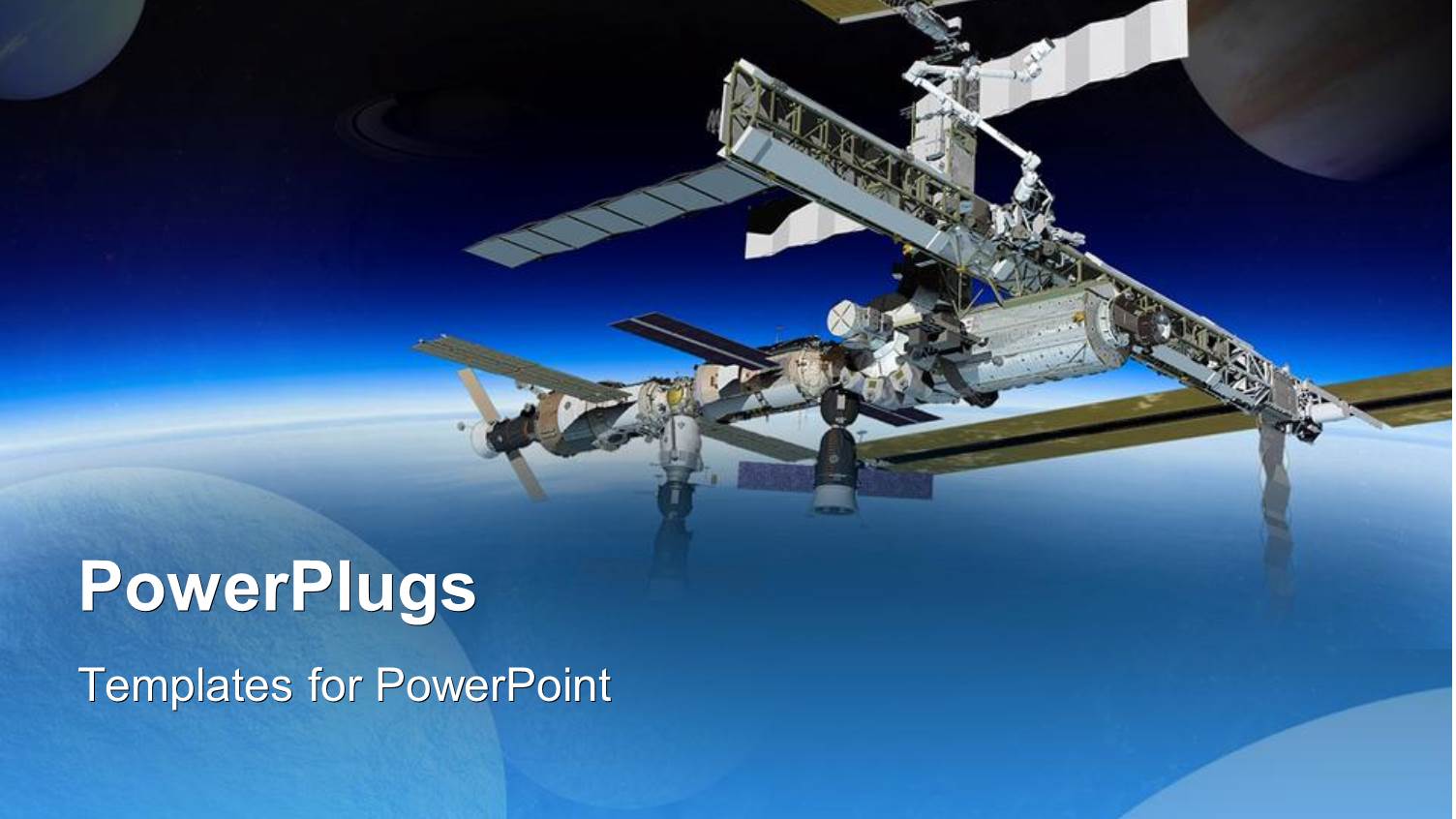 International Space Station in Space with Planets, Spaceship Over Gradient Blue and Black Background